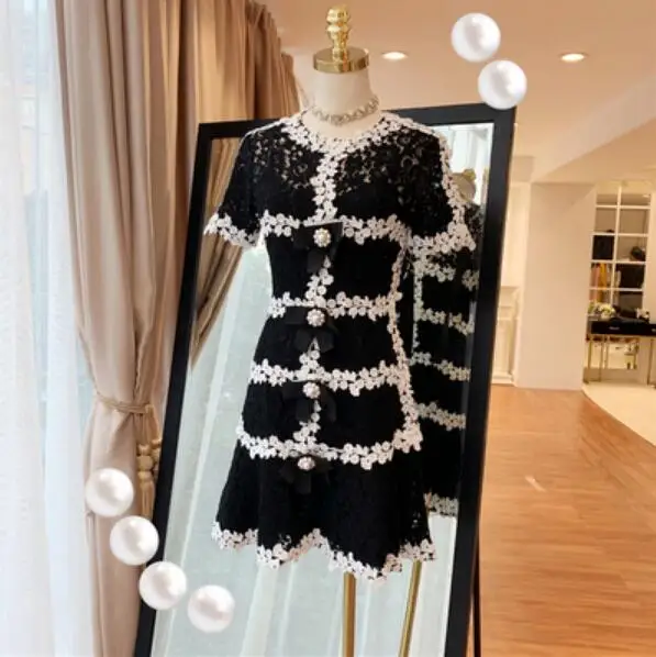 

Summer Slim Mini Dress Woman 2019 New French Style Elegant Contrast Stripe Lace Dress Sirl Student Short Sleeve Dresses Vestidos