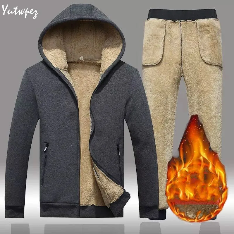 

Couple Tracksuit Men Casual Cotton Knitted Hooded Warm Sweatshirt Male Winter Thick Cashmere Fleece Women Jacket+Pant 2PC New