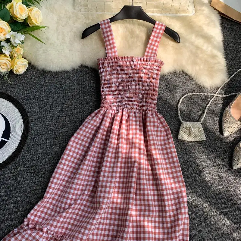Slim Ladies Ruffles Vintage Plaid Print 2020 Sexy Summer Midi Dress Party Spaghetti Strap Women Casual Beach Elegant Vestidos