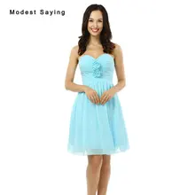 Nueva Barato Sexy Flores Plisadas Vestidos de Dama de 2017 Niñas Formales corto de Dama de Honor Vestidos de Luz Azul Mini vestidos de Baile vestidos