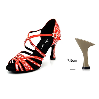 Ladingwu/туфли для латинских танцев, женская новая шелковая атласная черная обувь для сальсы со стразами, танцевальная Женская Обувь для бальных танцев, Каблук 5-10 см - Цвет: Red 7.5cm