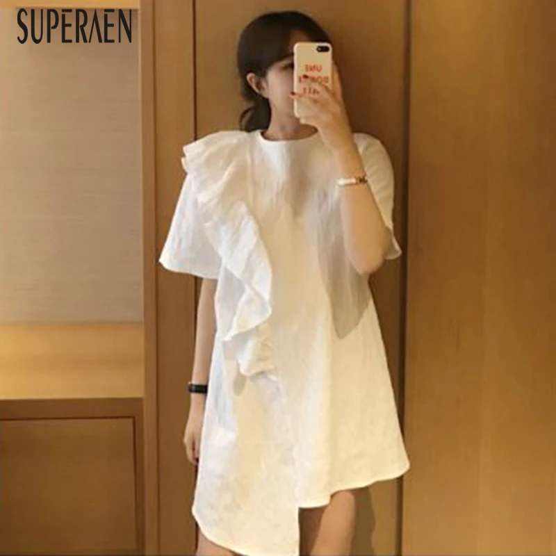 

SuperAen 2019 Summer Korean Style Women Dress Ruffle Short Sleeve Fashion Ladies Dress Solid Color Casual Chiffon Women Clothing