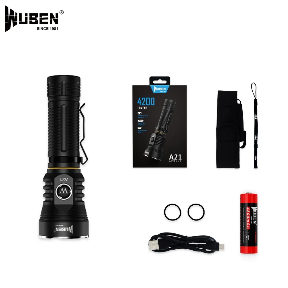 

New WUBEN A21 LED Flashlight CREE XHP70 4200 Lumen with USB Rechargeable outdoor Torch Flashlight +21700 Battery