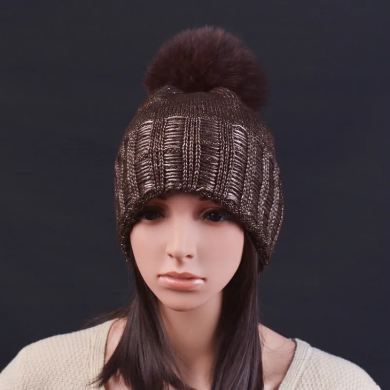 

Winter fur pompom hat for women cashmere wool cotton hat Big Real Raccoon fur pompom Beanies cap Fox fur bobble hat