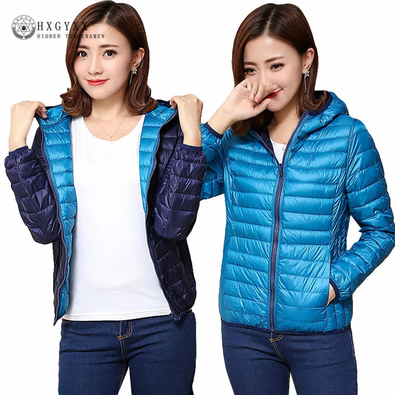 

2019 Duck Ultra Light Down Jacket Women Winter Goose Feather Coat Thin Slim Warm Parka Hooded Outerwear Double Side Wear Okd209