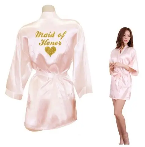 Bridesmaid Robes Bridesmaid Heart Golden Glitter Print Faux Silk Kimono Robes Wedding Gift Bride Team Bachelorette Lov - Цвет: pink Maid of Honor