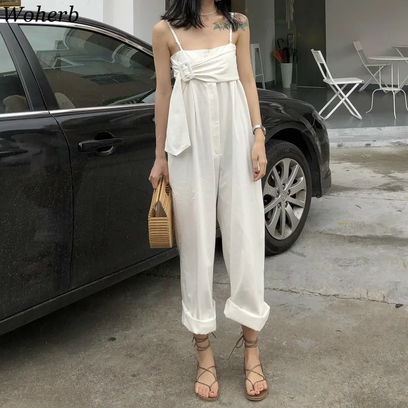 

Woherb Women Rompers Summer Long Pants Elegant Strap Woman Jumpsuits 2019 Solid White Jumpsuit Off Shoulder Overalls for Womens