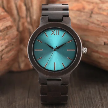 

Men's Creative Ebony Wooden Watch Unique Aquamarine/Yellow Design Clock Luxury Full Wood Band Simple Pointer Quartz Wristwatches