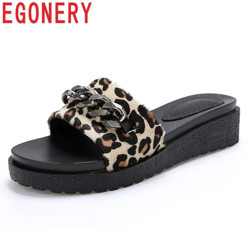

EGONERY shoes woman 2019 summer new fashion leopard horeshair woman slippers outside metal decoration low wedges platform shoes