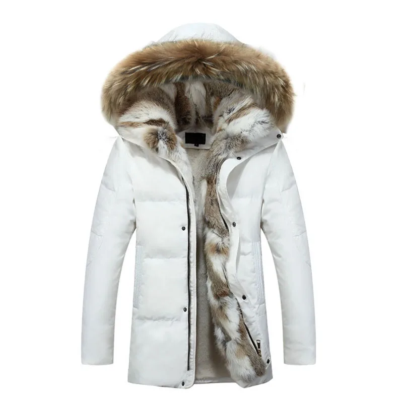 Зимняя мужская куртка, хлопковое пальто, парка, мужская куртка, утолщенная, теплая, кроличий мех, воротник, мех енота, с капюшоном, Размер 4XL, Рождественские предложения - Цвет: White Rabbit fur