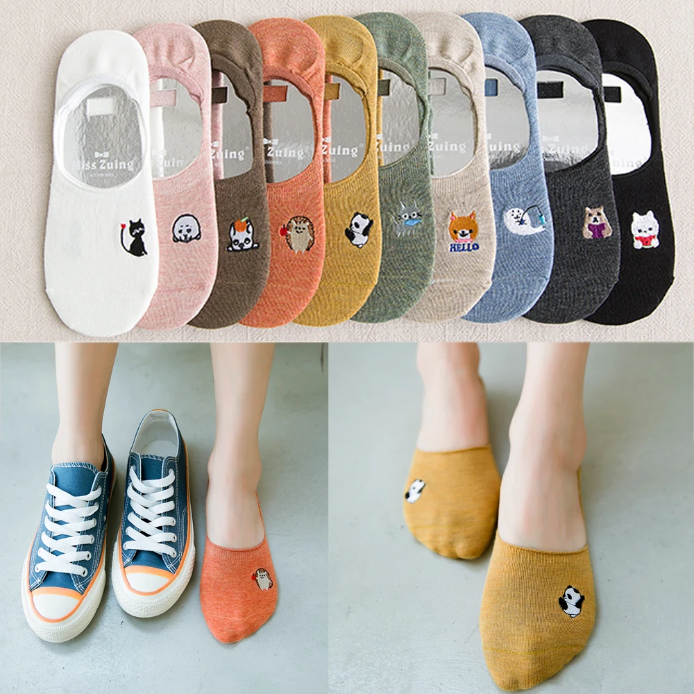 

Summer Casual Boat Socks Women Animal Embroidered Socks Slippers Candy Color Cotton Socks Women Invisible Short Ankle Socks