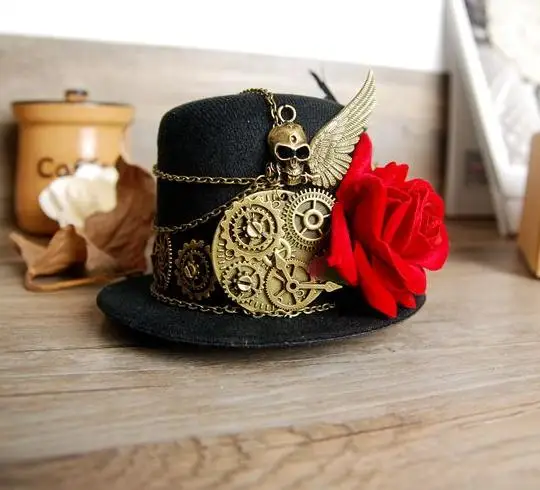 

Steampunk Gear & Skull Wing Mini Top Hat Retro Gothic Lolita Fedoras Hats with Flower Handmade Goth Hair Accessories