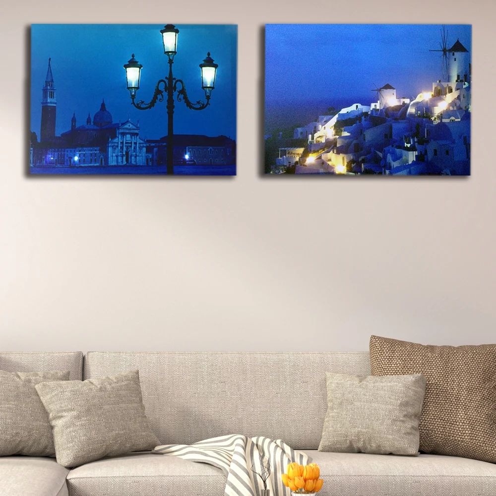 

Led Canvas painting Venice street lamp dock with Santorini night wall picture illuminated canvas print light up wall art decor