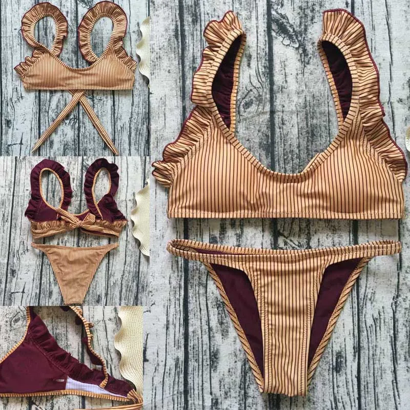 

New 2017 Sexy Striped Bikini Top Lace Push Up Girl Lovely Set Women Swimsuit Bathing Suit Women brazilian Biquini Beach Swimwear