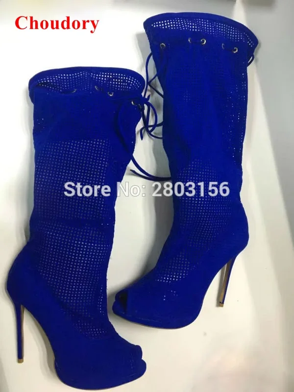 

Sexy Blue Peep Toe Gladiator Knee High Boots Women Summer Boots Ladies Cut outs Lace Up Thin Heels Boots Shoes
