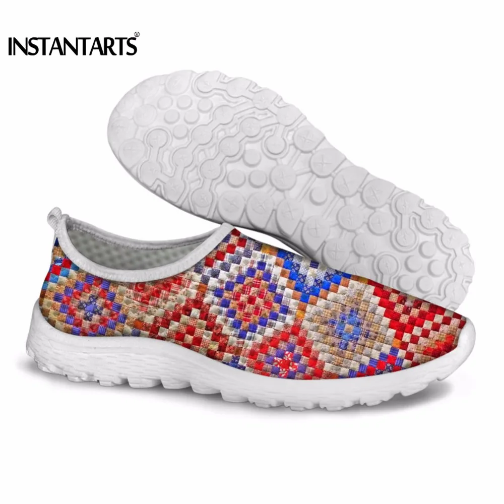 

INSTANTARTS Round Toe Women Sneakers Patchwork Casual Shoes Breathable Light Mesh Slip-on Women Flats Shoes Vintage Indoor Tenis