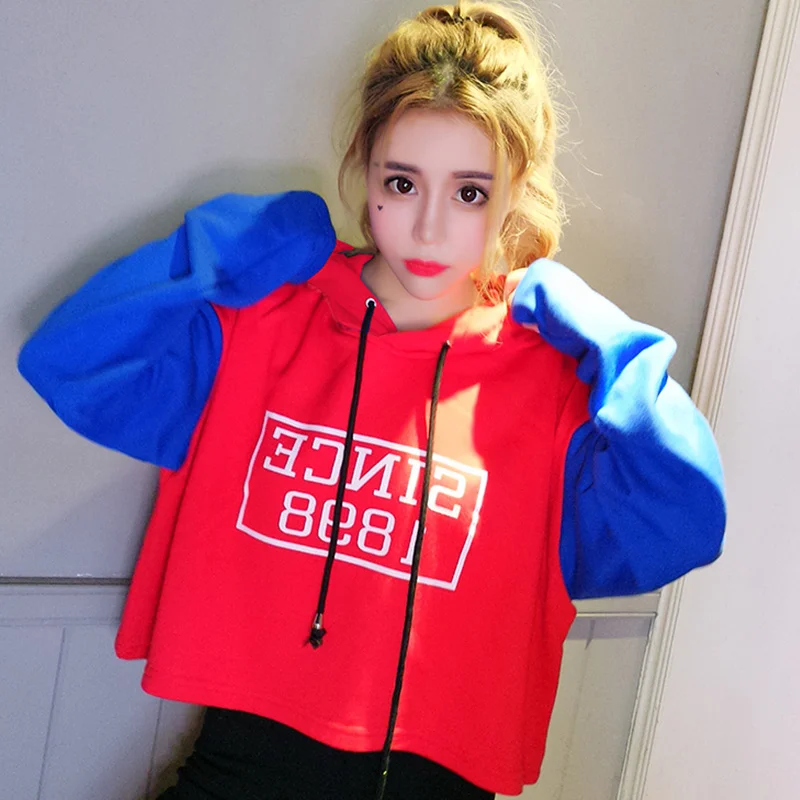 

Harajuku Fashion Long Sleeve Women Hoodies Letter Print Spell Color Hooded Student Sweatshirt Tie Sweet Women Pullovers