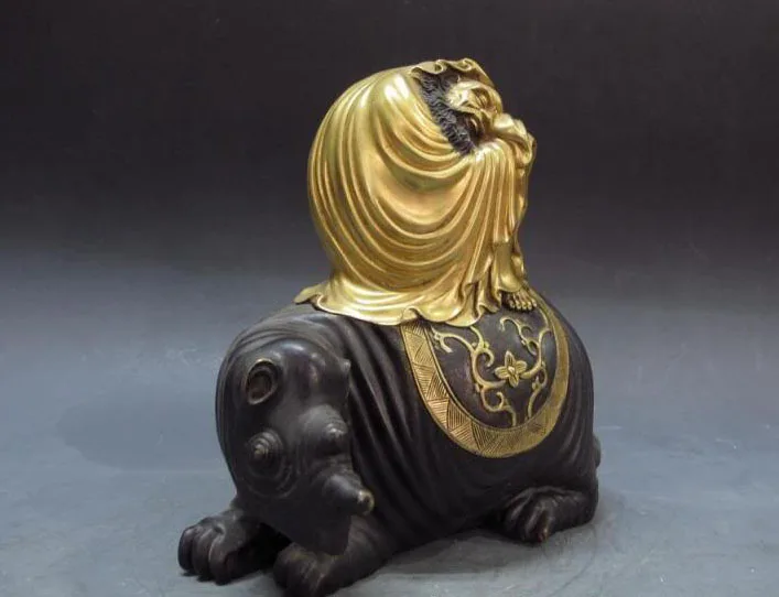 

Chinese 100% pure bronze 24k gold Bodhidharma arhat ride rhinoceros Statue
