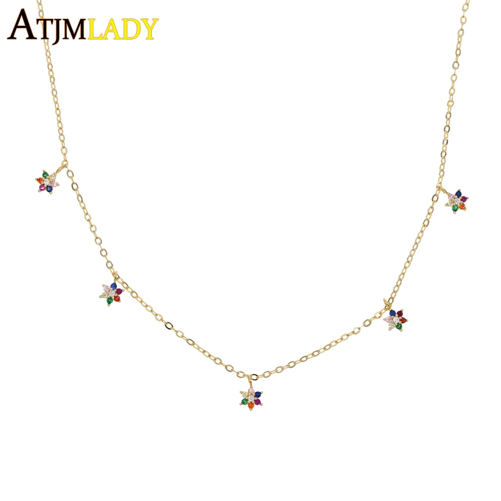 

2019 Rainbow cz multi colors rainbow statement necklace gold filled delicate minimal flower charm fashion women wedding jewelry