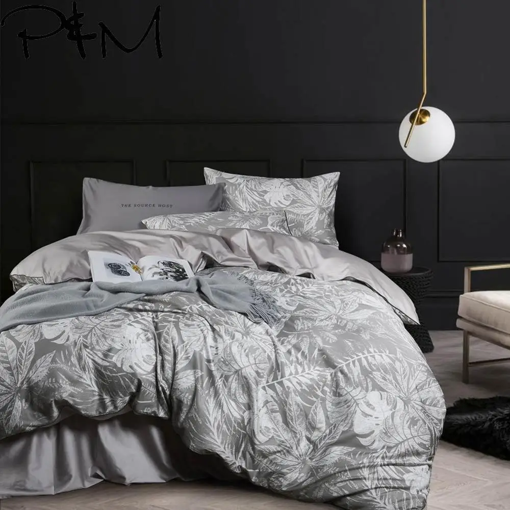 

Papa&Mima Large leaves print Egyptian cotton Queen King size Luxurious bedding set duvet cover flat sheet pillowcases