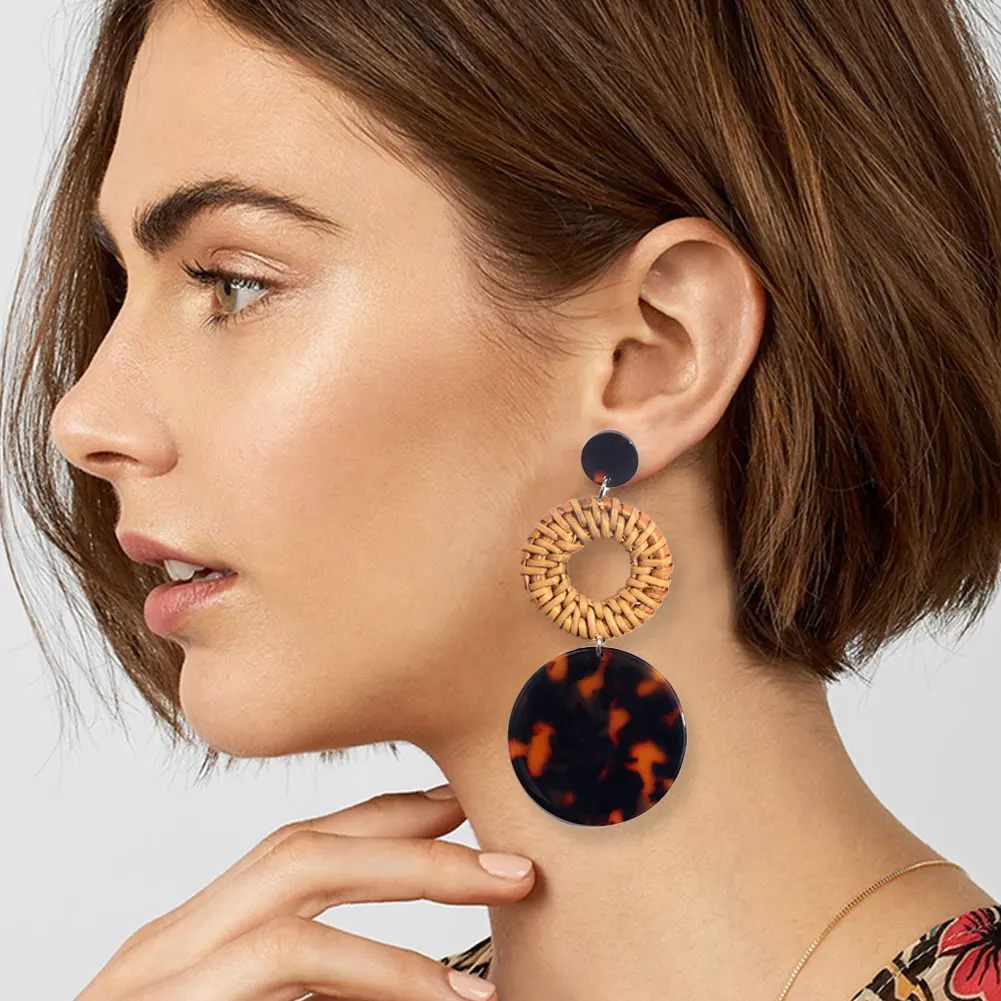 Женские плетеные серьги из ротанга JUST FEEL Модные Акриловые круглые подвески