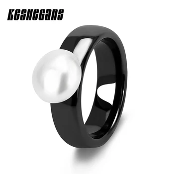 

New Design Big Simulate Pearl Ceramic Ring Classic Black White Color For Women Girl Elegant Fashion Jewelry Anti Allergies Gifts