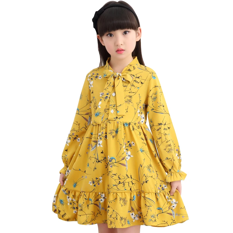 Свободное шифоновое платье для девочек-подростков весенне-зимнее Хлопковое платье с длинными рукавами и цветочным принтом для девочек от 4 до 14 лет, одежда для крупных девочек