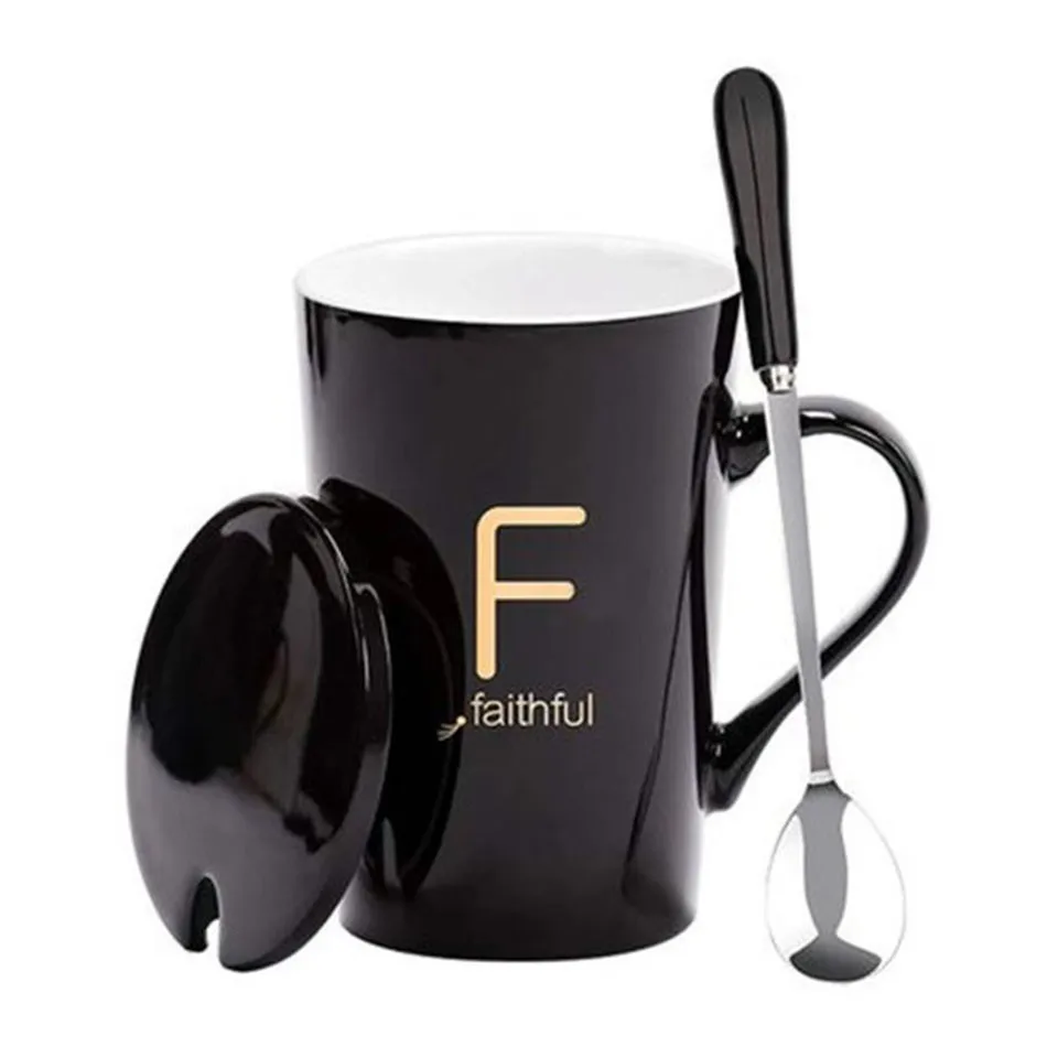 Креативная кофейная чашка с буквенным принтом с крышкой и ложкой пара стакан кружки дорожные чашки и кружки друзья подарок MC070701 - Цвет: Black F