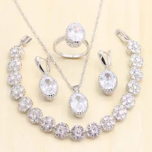 Женские серебряные 925 Ювелирные наборы из чистого белого циркониевого камня, бусы, украшения, серьги, подвески, кольца, браслет, ожерелье для подарка