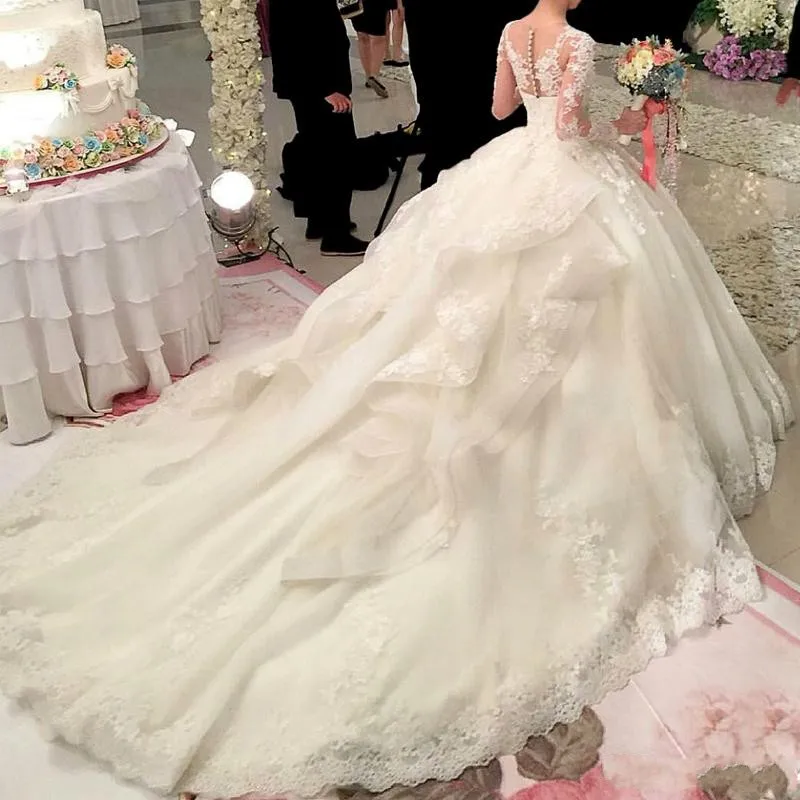 Фантастический белый кружево Хрустальные Цветы бальное платье Свадебные платья Новинка 2019 года длинный рукав, мусульманский аппликации