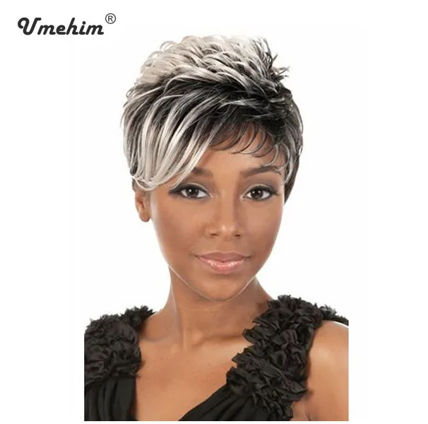 WholesaleCoolAmericanAfricanShortBlackRootWhiteHighlightsWigForBlackWomenHeat
