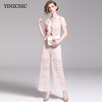 

Elegant Womans Lace Jumpsuit O-neck Female Casual Loose Pants Jumpers Solid Pink OL Work Jumpsuits Summer New Jumpers Women