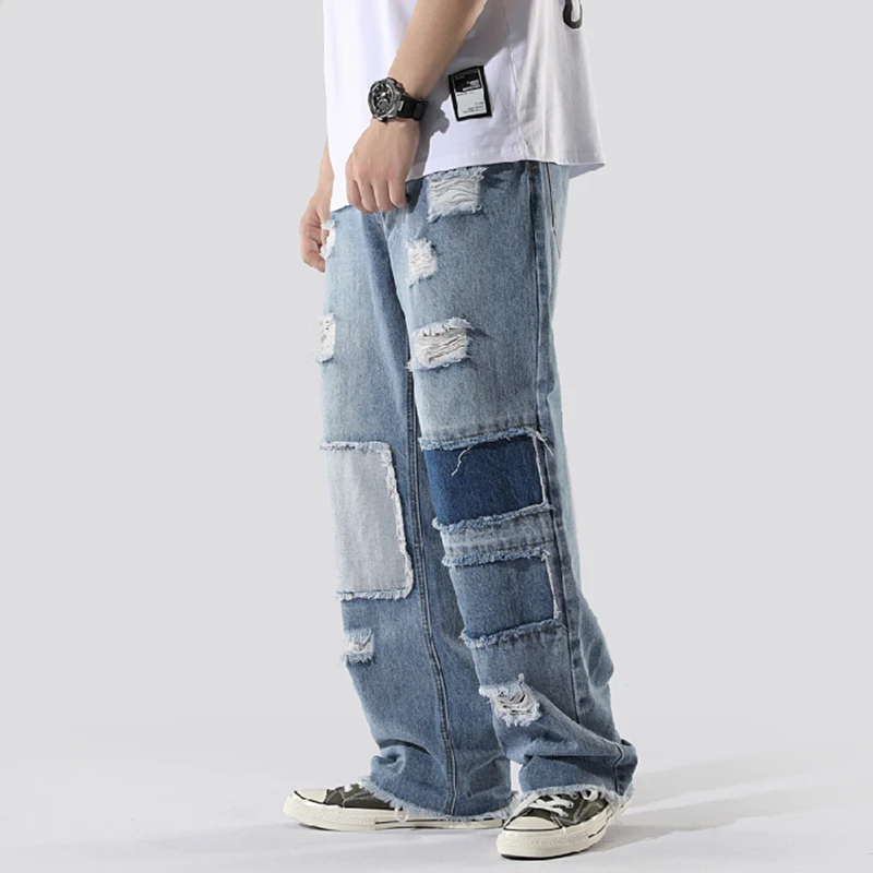 Ins Style Man Patchwork Jeans loose Ripped Holes Men Straight Jean Spring Summer Hip Hop skateboard 4