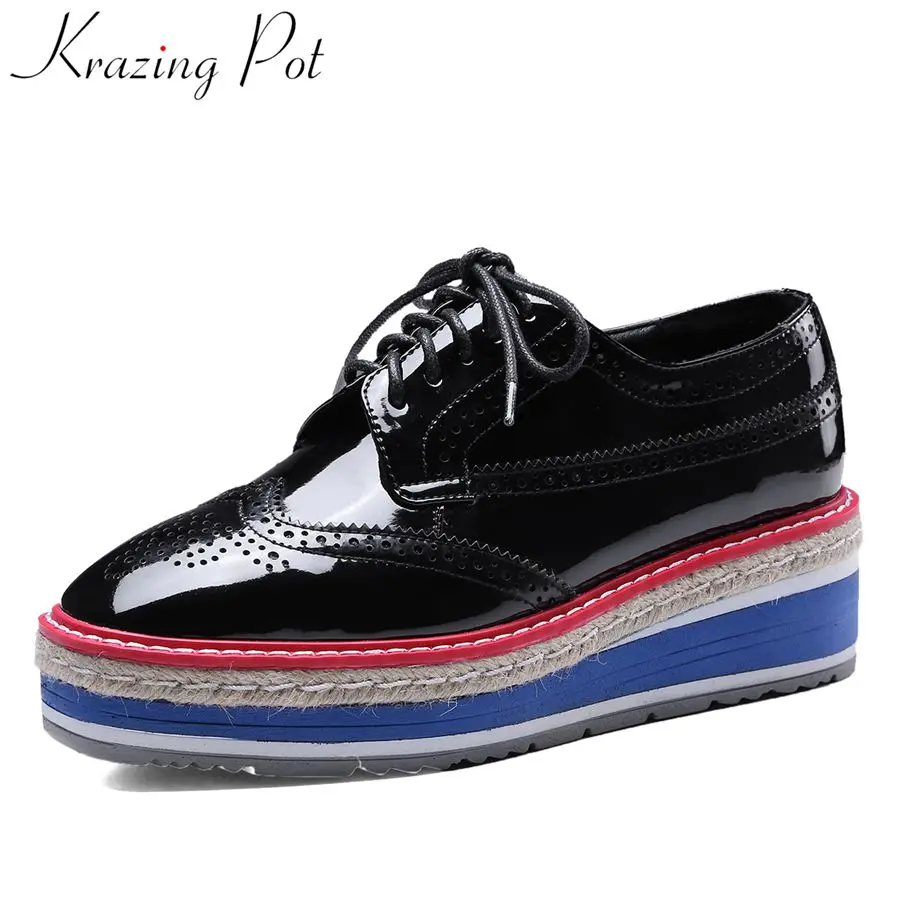 

Krazing Pot 2019 cow leather mixed colors cross-tied square toe original design thick bottom pumps leisure party women shoes L21