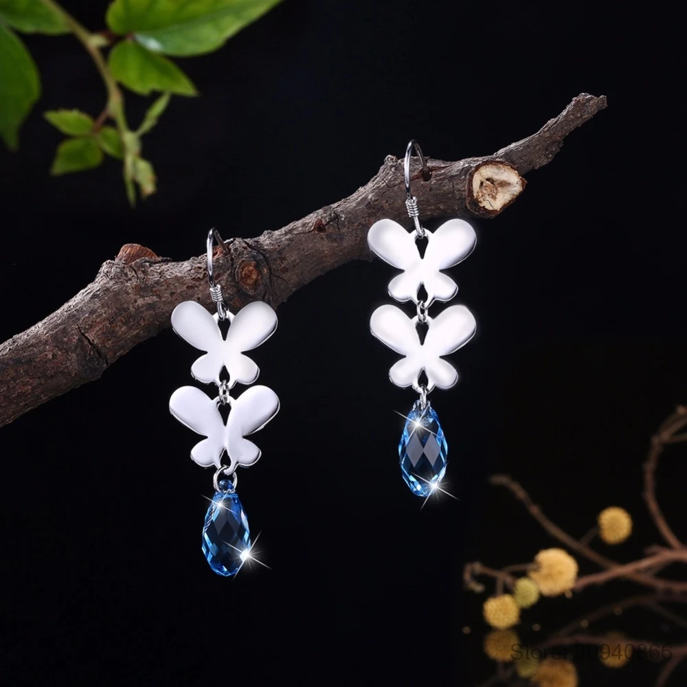 LEKANI оригинальные Кристаллы из SWAROVSKI бусины висячие серьги S925 серебро бабочка Длинные серьги-подвески для женщин вечерние подарки
