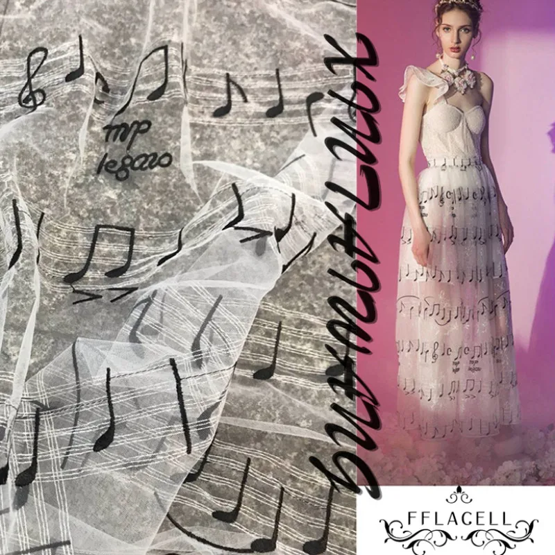 

FFLACELL 1Yard Lace Fabric Music Note Embroidered Tulle Fabric For Couture Dress Prom Dress For Wedding Dress Wide 130cm