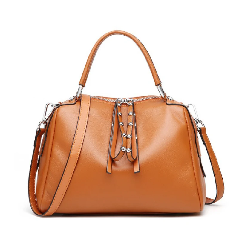 

Genuine Leather Women Bag Rivet Boston Ladies Handbags Female Messenger Bag High Quality Soft Natural Leather Shoulder Bags