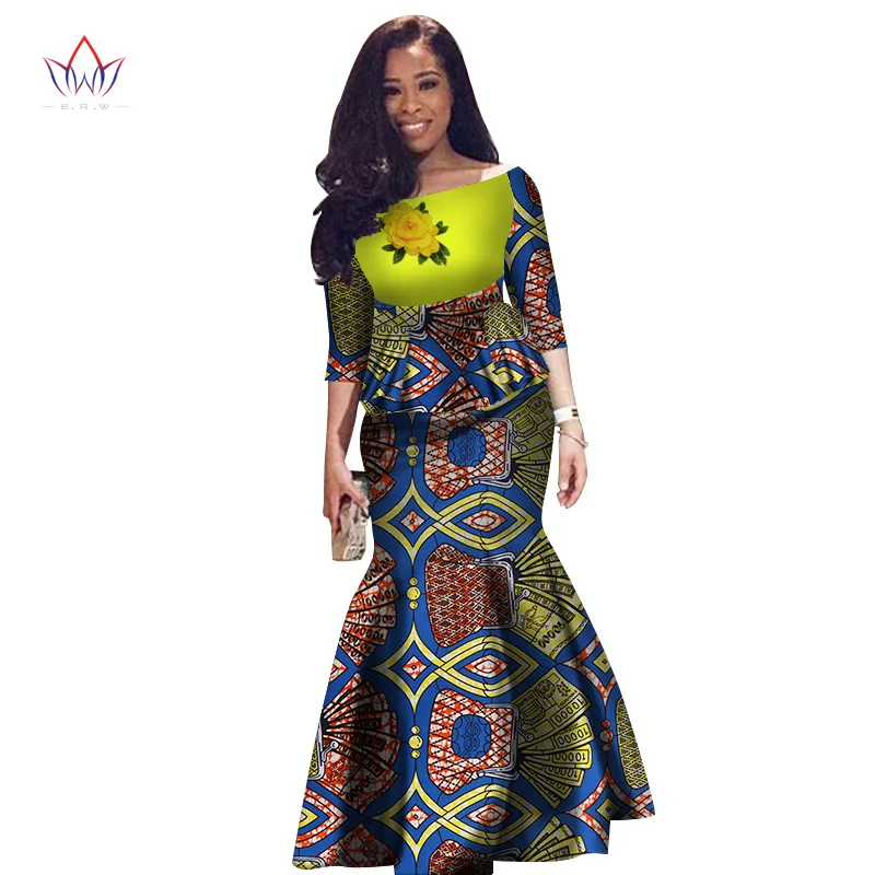 Женское платье Двойка комплект Для женщин с коротким рукавом топы и длинные юбка макси в африканском стиле Русалка одежда макси 6XL BRW WY2631