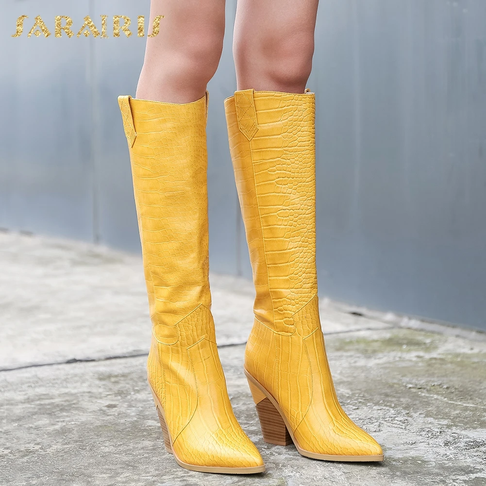 

2019 Plus Size 46 Fashion Comfortable Chunky High Heels knee-high Boots women's Shoes Western Boots Shoes Woman