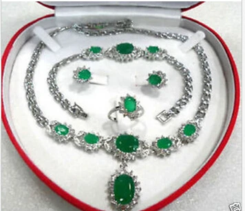 

Hot selling> shitou 00561 green jade stone necklace bracelet ring earring set -Bride jewelry free shipping