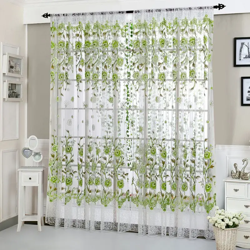 Flower Print Window Curtain Divider Tulle Voile Drape Panel Sheer Scarf Valances