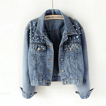 

2019 Spring Women Denim Jacket Basic Coats Pearls Beading Kpop Jeans Coat Loose Long Sleeve Jackets plus size 5XL r850