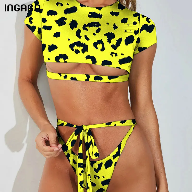 

INGAGA High Waist Bikini 2019 Crop Top Swimwear Women Thong Swimsuit Solid Bandage Beachwear Hollow Out Bodysuit Bathing Suit
