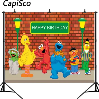 

Capisco Happy Birthday Photography Backdrops Sesame Street Elmo World Party Bricks Wall Photo Background for Pictures Customize