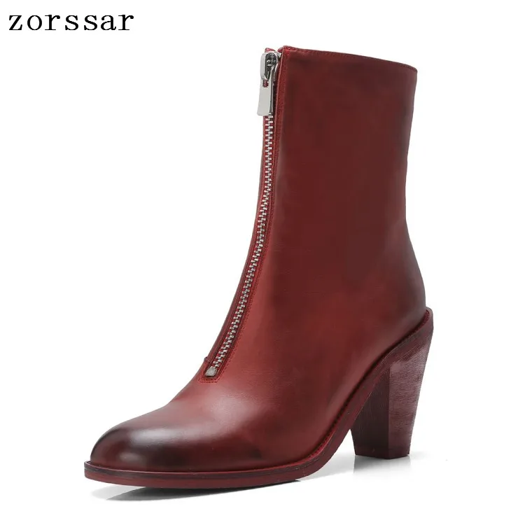 

{Zorssar} Winter Women short Boots High Quality Solid black European Ladies shoes Genuine Leather Fashion High heel ankle Boots