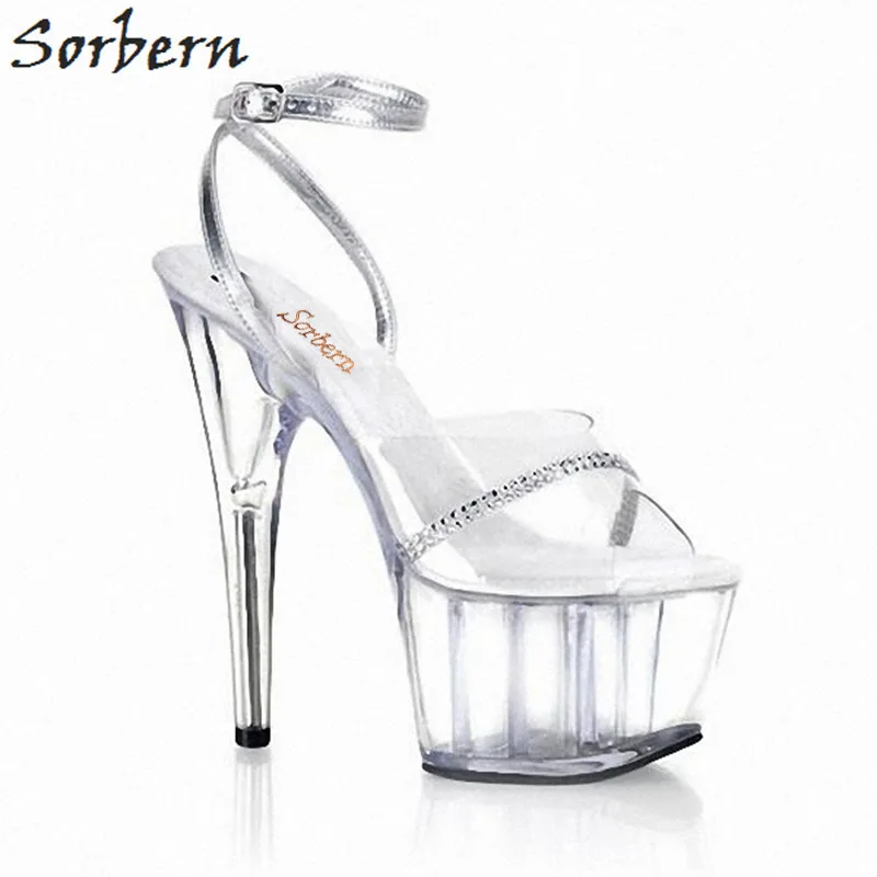 Sorbern Silver Crystals Clear Pvc Glitter Sandals Heels Gladiator