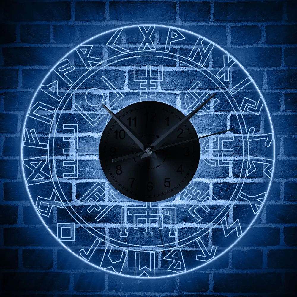 Reloj de pared luminoso Norse runa brújula con luz LED vikingo runas acrílico LED borde iluminado pared reloj hombre cueva Bar señal luminosa