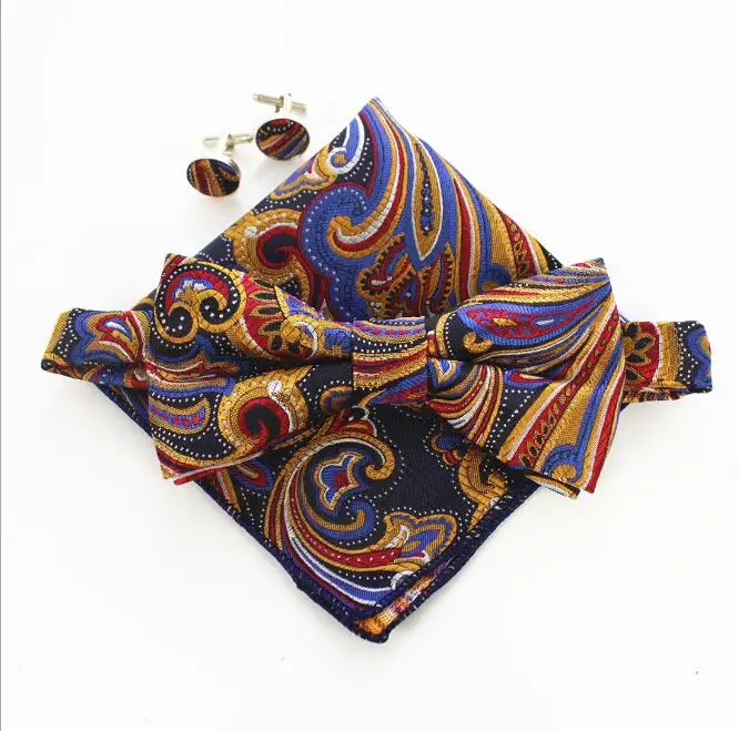 

1set Fashion Gold Floral Bowtie for Men Wedding Party Tie Set Handkerchief Pocket Square Gravata Floral Cravat With Cufflinks