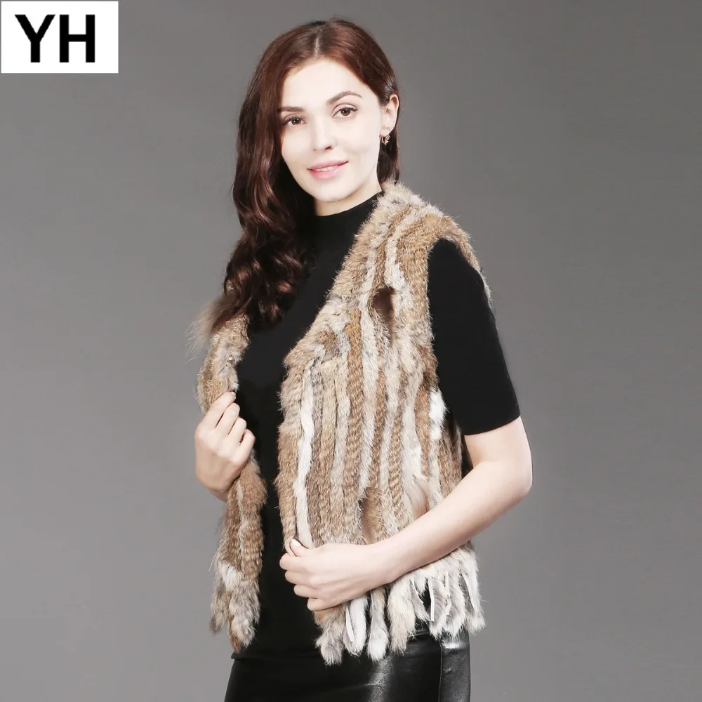 Genuine Real Rabbit Fur Vest Spring Autumn Lady Knitted Handmade Real