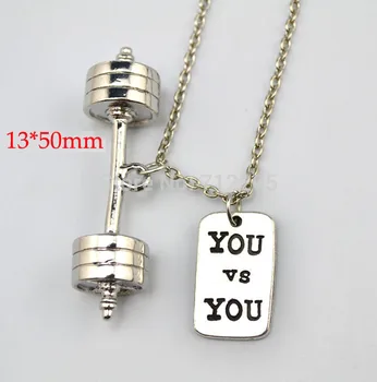 

Fitness weightlifting Gym Jewelry 20pcs a lot Dumbbell barbell with YOU and YOU chain necklace (A1206)